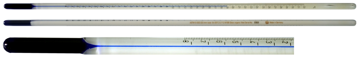 ASTM Equivalent Glass Thermometer, Non-Hazardous, Non-Certified, 14C,  Partial Immersion, SafetyBlue, Paraffin Wax Melting Point